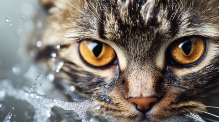 Close-up of a cats eyes and wet fur while being bathed, with focus on the water droplets and the cats calm or curious expression during the bath.の素材