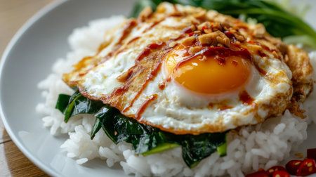 Close-up of a classic Thai omelette served on white rice, with a drizzle of fish sauce and chili on the side, highlighting the texture and fluffiness of the egg.の素材