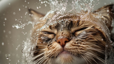 Close-up of a cat enjoying a bath, with water droplets on its fur and a content expression, showing the details of its wet fur and playful splashes.の素材