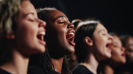 Close-up of a diverse group of singers harmonizing together on stage, with expressions of concentration and joy, highlighting the unity in their performance.の素材