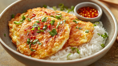 Close-up of a Thai-style omelette with golden, crispy edges, served atop a bowl of rice, with a small dish of chili sauce on the side.の素材