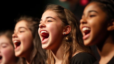 Close-up of a group of young singers harmonizing at a school concert, highlighting their enthusiasm and the clarity of their synchronized voices.の素材