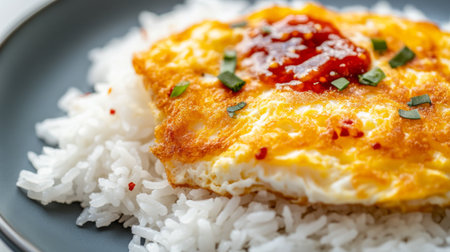 Close-up of a fluffy, golden omelette resting on a bed of white jasmine rice, with crispy edges and soft texture, garnished with chili sauce on the side.の素材