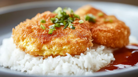 Close-up of a fluffy, golden omelette resting on a bed of white jasmine rice, with crispy edges and soft texture, garnished with chili sauce on the side.の素材