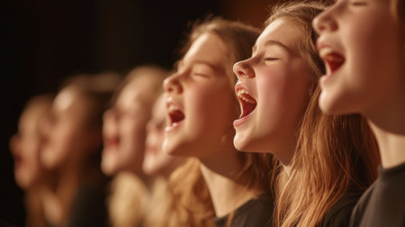 Close-up of a group of young singers harmonizing at a school concert, highlighting their enthusiasm and the clarity of their synchronized voices.の素材
