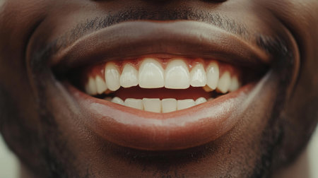 Close-up of a person grinning with an open mouth, highlighting the vivid whiteness and healthy appearance of their teeth and gums.の素材