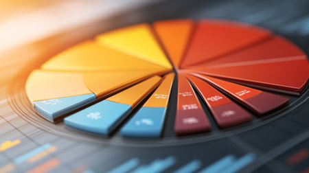 Close-up view of a D pie chart with segments highlighted in different shades, showing detailed labels and percentages for clear data representation.の素材