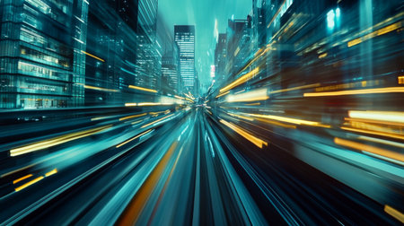 Close-up of a high-speed train in a motion blur, illustrating the incredible speed and efficiency of the train as it travels through a bustling cityscape.の素材