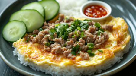 Close-up of a delicious omelette with minced pork, served on top of steamed rice, with chili sauce and fresh cucumbers on the side.の素材