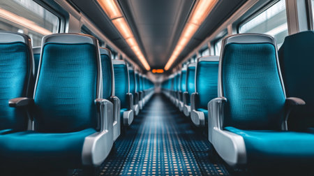 Close-up of the interior of a high-speed train, featuring luxurious seating, spacious aisles, and modern amenities designed for comfort during fast travel.の素材