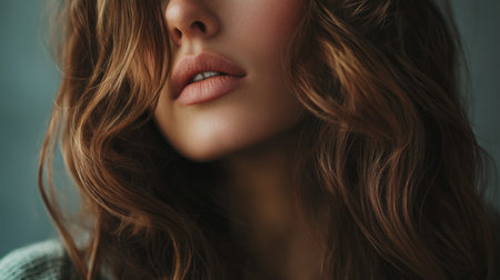 Close-up of a woman with long, glossy hair styled in loose waves, set against a simple background to highlight the shine and texture of her hair.の素材
