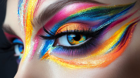Close-up of a woman with vibrant, artistic makeup, featuring colorful eyeshadow and eyeliner, demonstrating creativity and boldness in her beauty look.の素材