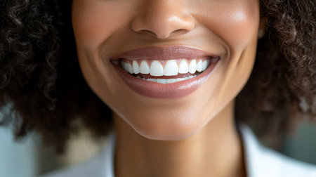 Close-up of a professional businesswoman with a warm, engaging smile, captured in high detail, reflecting confidence and competence in her field.の素材