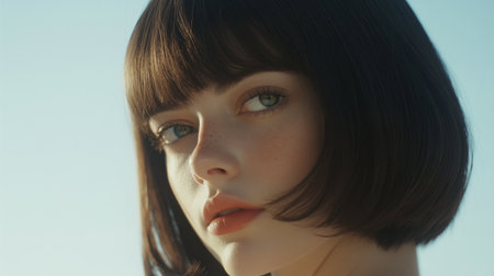 Close-up of a woman with a chic bob haircut, emphasizing the sleek, well-maintained ends and the overall stylish look against a clean background.の素材
