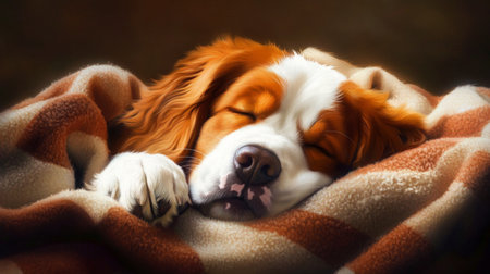 Close-up of a sleepy dog with a soft, furry coat, resting comfortably in a blanket, showcasing its peaceful and endearing nature.の素材