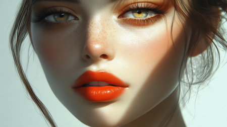 Close-up of a woman with a flawless makeup look, featuring a glowing complexion, dramatic eye makeup, and a bright red lip, showcasing her polished appearance.の素材