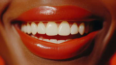 Close-up of a human mouth smiling, showing healthy teeth and lips, positive expressionの素材