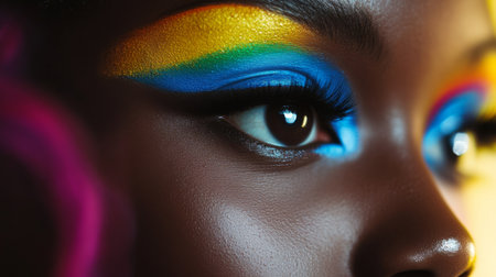 Close-up of a woman with vibrant, artistic makeup, featuring colorful eyeshadow and eyeliner, demonstrating creativity and boldness in her beauty look.の素材