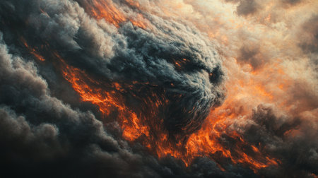 Close-up of dense smoke billowing from a fire, capturing the swirling, dark clouds and the intense, dynamic movement of the smoke.の素材