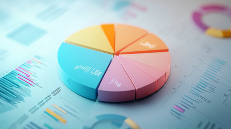 Close-up view of a D pie chart with segments highlighted in different shades, showing detailed labels and percentages for clear data representation.の素材