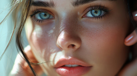 Close-up of a woman's beautiful face, with clear, glowing skin and a serene expression, highlighting her natural beauty and elegance.の素材