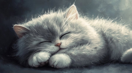 Close-up of a round, fluffy cat napping with its paws tucked under its chin, eyes closed peacefully, capturing the essence of relaxation.の素材
