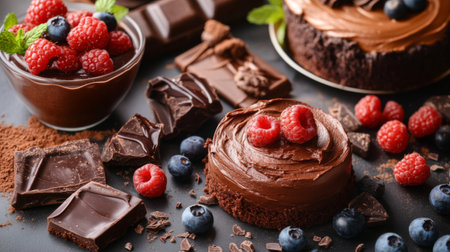 A variety of chocolate desserts on a table, including chocolate cake, mousse, and cookies, beautifully arranged with fresh berries.の素材