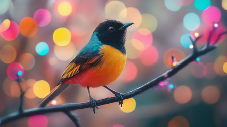 Close-up of a vibrant bird perched on a branch, with a stunning, blurred background of colorful lights and bokeh effects creating a magical atmosphere.の素材