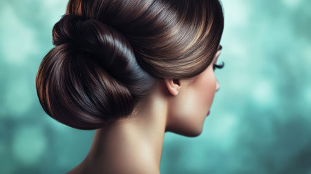 Close-up of a woman with a stunning, classic chignon hairstyle, featuring neatly arranged hair and a refined, elegant appearance.の素材