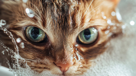 Close-up of a cats eyes and wet fur while being bathed, with focus on the water droplets and the cats calm or curious expression during the bath.の素材