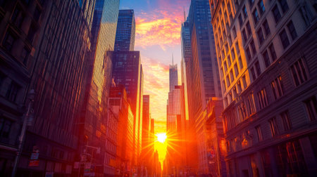 Close-up of the sun setting between skyscrapers, with the building edges creating a natural frame for the warm, colorful sunset and the city skyline.の素材