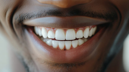 Close-up of a person's mouth with a radiant smile and sparkling white teeth, emphasizing the healthy and well-maintained appearance.の素材
