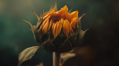Detailed macro shot of a blooming sunflower, highlighting its bright yellow petals and rich texture against a soft background.の素材
