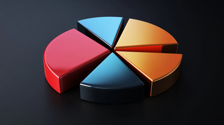 Detailed D pie chart with metallic textures, each segment separated slightly, dark backgroundの素材