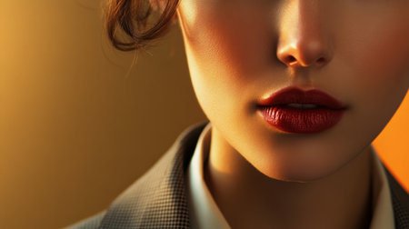 Detailed close-up of a businesswoman with an assertive expression, wearing a smart suit and showcasing her professional demeanor and expertise.の素材