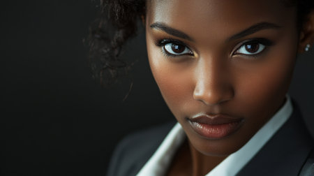 Detailed close-up of a businesswoman with an assertive expression, wearing a smart suit and showcasing her professional demeanor and expertise.の素材