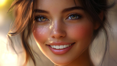 Detailed portrait of a woman with a radiant smile and flawless complexion, capturing her graceful features and charming demeanor in high resolution.の素材