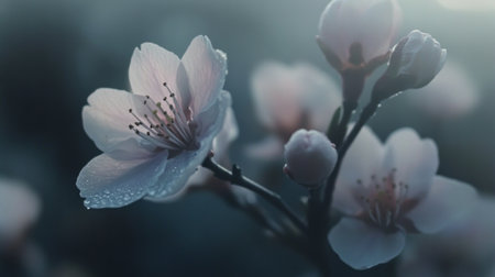Detailed shot of a blooming cherry blossom with soft pink petals and fine details, capturing the fleeting beauty of spring.の素材
