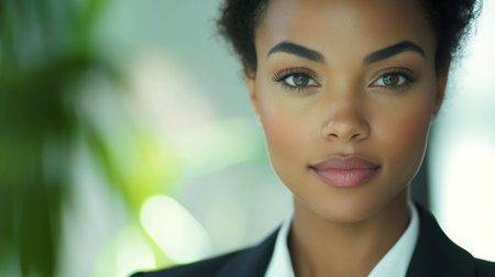 Detailed portrait of a businesswoman with clear skin and a professional expression, wearing business attire and exuding confidence and leadership.の素材