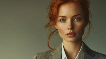 Detailed shot of a businesswoman with a clear, strong expression, dressed in a tailored blazer, emphasizing her role in leadership and business.の素材