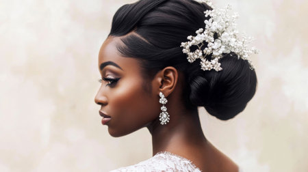 Detailed shot of a woman with a sophisticated updo, featuring intricately pinned hair and decorative accessories, highlighting her graceful hairstyle.の素材