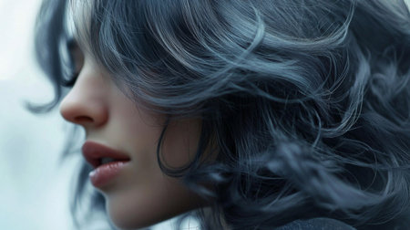 Detailed shot of a woman with beautifully layered hair, showcasing the movement and texture of her hairstyle in a soft, blurred background.の素材