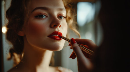 Detailed shot of a woman applying lipstick in a mirror, with her makeup perfectly done, emphasizing her attention to detail and beauty routine.の素材