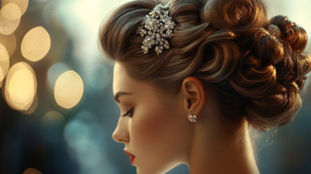 Detailed shot of a woman with a sophisticated updo, featuring intricately pinned hair and decorative accessories, highlighting her graceful hairstyle.の素材