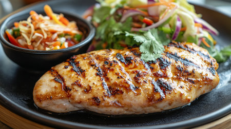 Detailed shot of grilled chicken breast served with a side of spicy papaya salad, emphasizing the golden-brown grill marks and colorful salad ingredients.の素材