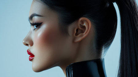 Detailed shot of a woman with a stylish, high ponytail, emphasizing the sleek, smooth texture and the contemporary, fashionable design.の素材