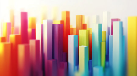Creative bar graph made from colorful blocks, set against a white minimalist backgroundの素材