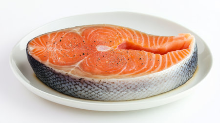 Detailed shot of a beautifully cooked salmon steak with a light seasoning, presented on a white plate against a plain white background.の素材