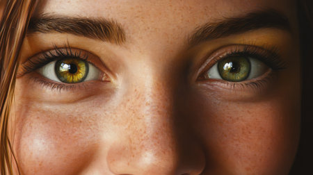 Detailed close-up of a womans face with a warm smile and natural beauty, capturing the subtle nuances of her skin texture and facial expression.の素材