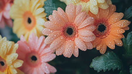 Detailed shot of a cluster of flowers with water droplets on their petals, capturing the fresh and natural look with a blurred background for emphasis.の素材